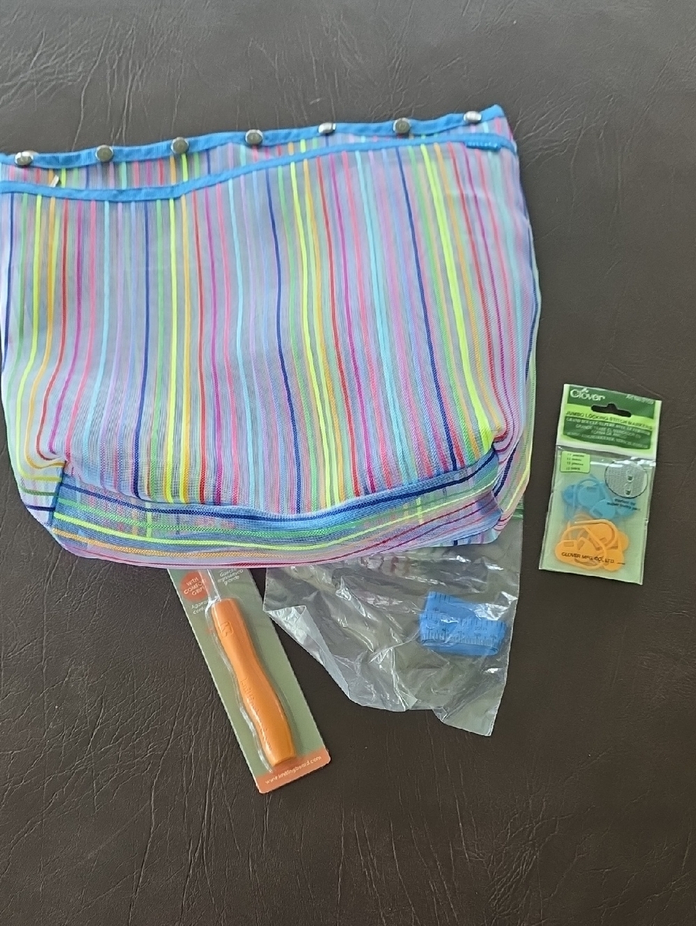 Striped Multicolor Mesh Yarn Bag And Tools